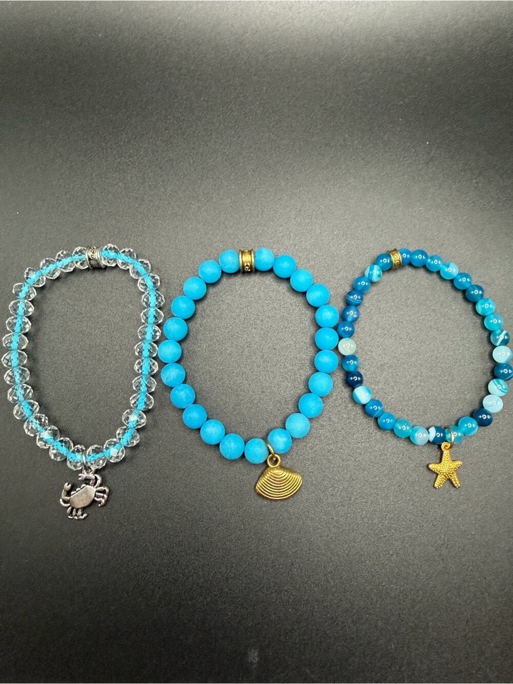 Lot of 3 CFC stretch bracelets #N07 ocean sea water shell starfish crab blue